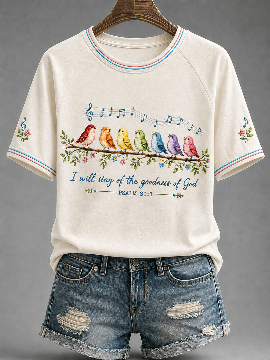 Women's I Will Sing Of The Goodness Of God Colorful Birds Music Note Art Print Casual T-Shirt