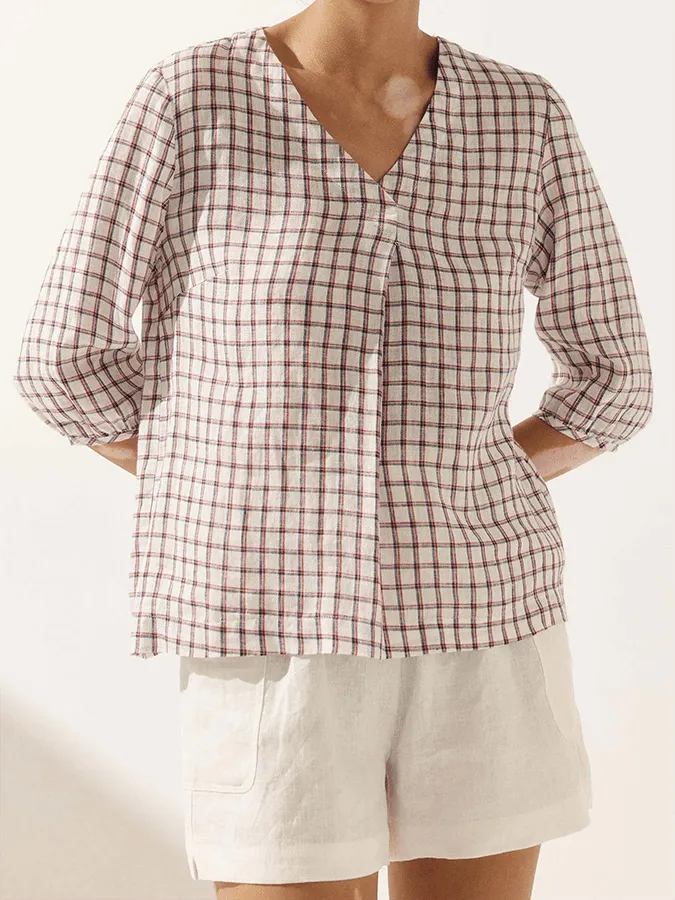 Ladies Plaid Casual Loose Long Sleeve Top