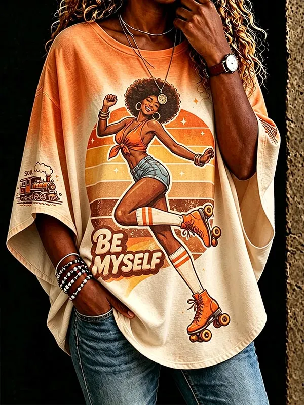 Women's Gradient Retro Afro Roller Skate Be Myself Vintage Art Print Casual T-Shirt