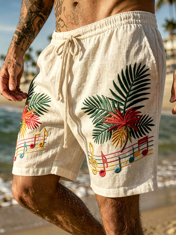 Men's Palm Leaves And Musical Notes Art Print Casual Shorts