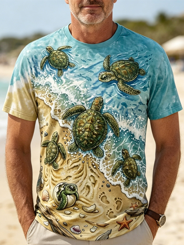 Men's Ocean Beach Sea Turtle Family Print T-Shirt