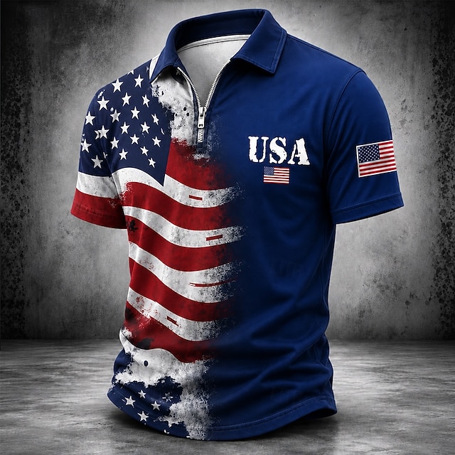250th Anniversary American Flag Zip Polo Shirt Men's 4th of July 2026 Short Sleeve