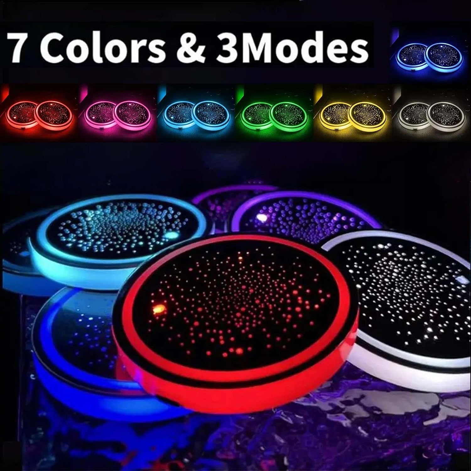 🔥LED Cup Holder Lights for Car, Rechargeable 7 Color-Changing Light Up Cup Holder Insert Coasters