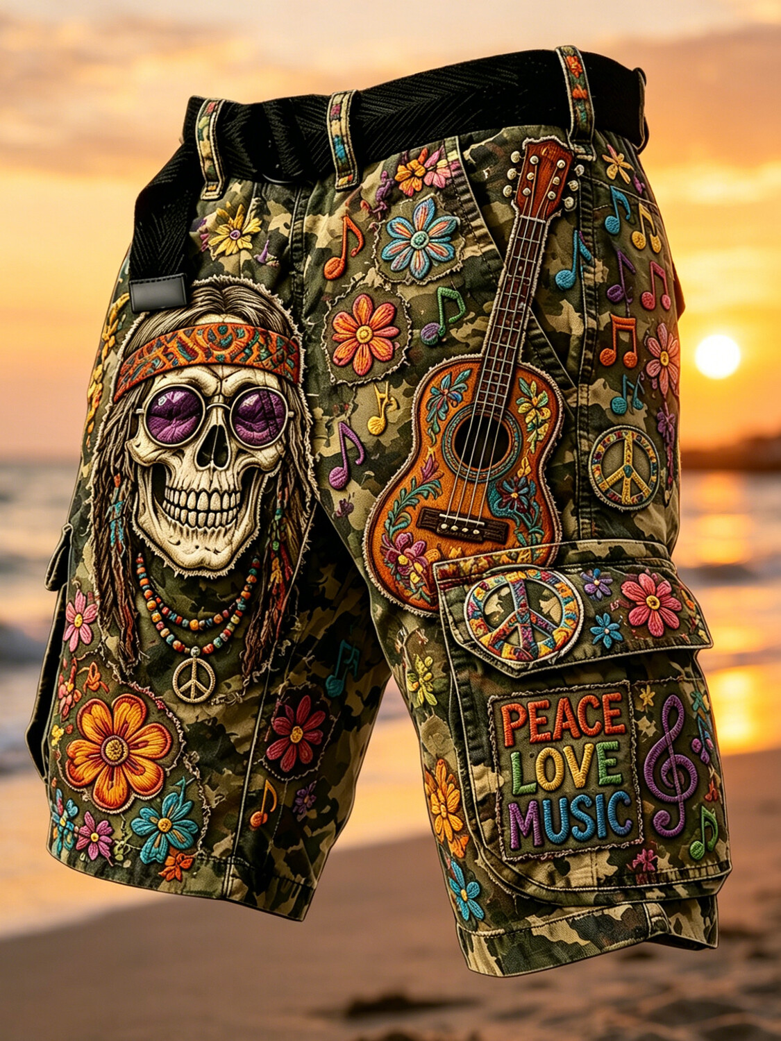 Men's Peace Love Music Hippie Camo Art Print Casual Shorts