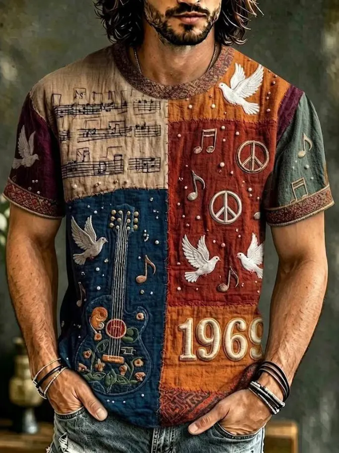Men's 1969 Peace Dove Guitar Music Note Patchwork Print T-Shirt