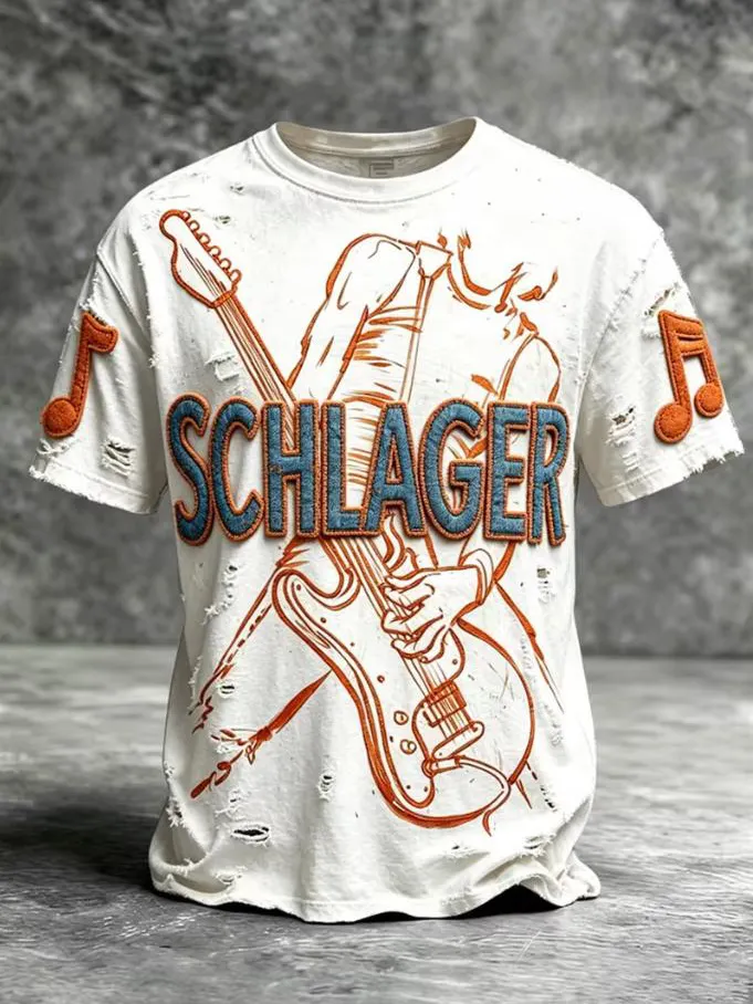 Men's Vntage Schlager Pop Music Electric Guitar Print Casual T-Shirt