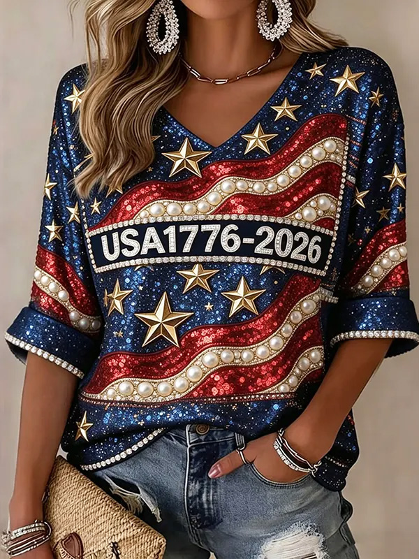 Women's Sequin Star USA 1776-2026 Art Print Casual V Neck T-Shirt