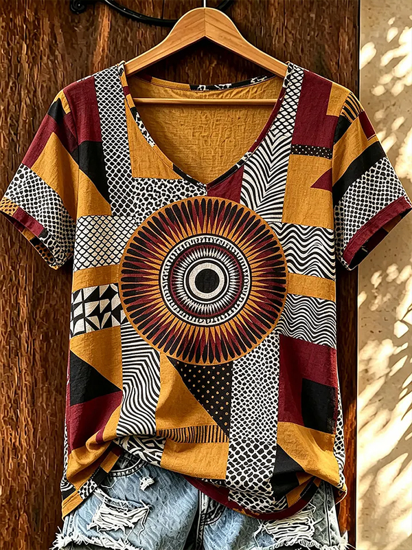 Women's Ethnic Geometric Patterns Art Print V Neck Short Sleeve T-Shirt