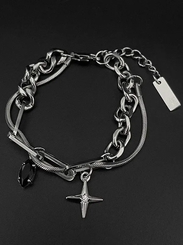 Four-Pointed Star Pendant Black Rhinestone Double-Layer Bracelet