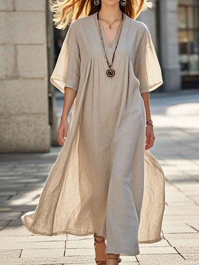 Ladies Casual Solid Color V-Neck Mid Sleeve Shirred Dress