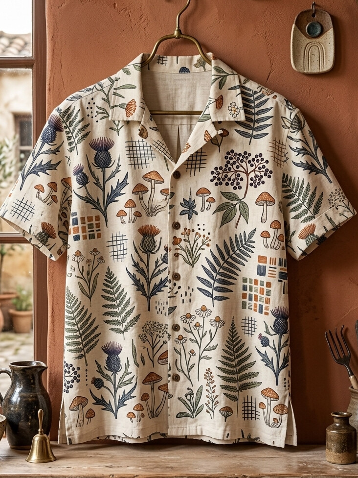 Women's Mushrooms Ferns and Thistle Flowers Print Short Sleeve Shirt