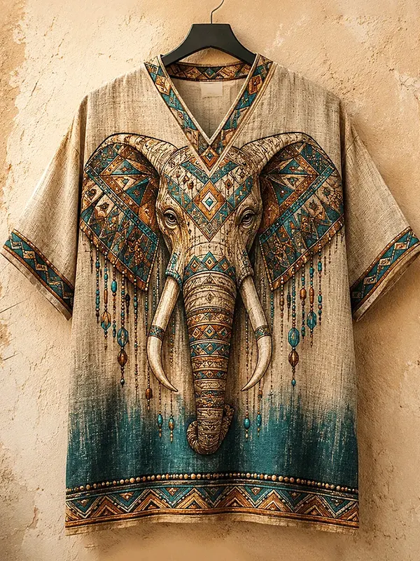 Men's Elephant Tribe Pattern Art Print V Neck T-Shirt
