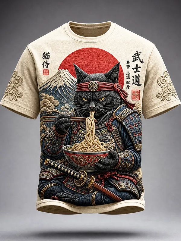 Men's Black Cat Samurai Eats Ramen Print T-Shirt