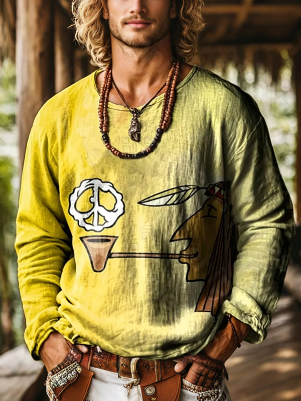 Men's Retro Tribal Cheif Peace Graphic Print Long Sleeve T-Shirt