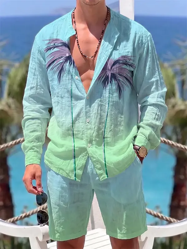 Men's Tropical Palm Tree Ombre Print Long Sleeve Shirt