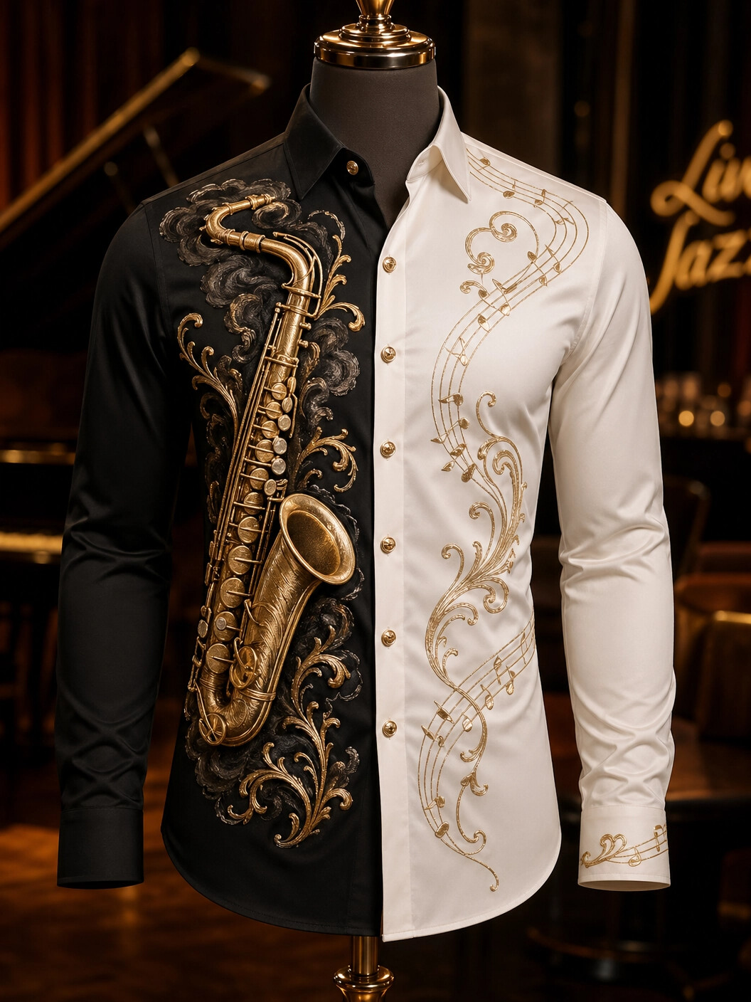 Men's Contrast Color Retro Saxophone Print Long Sleeve Shirt