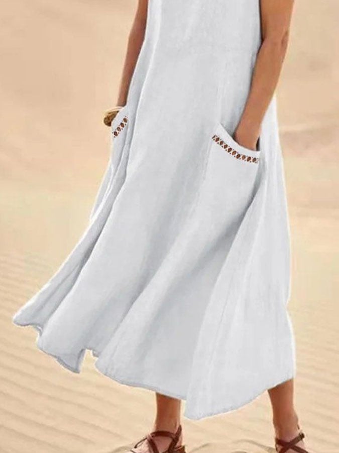 Women's Casual Solid Color Sleeveless Button Pocket Stitching Lace Dress