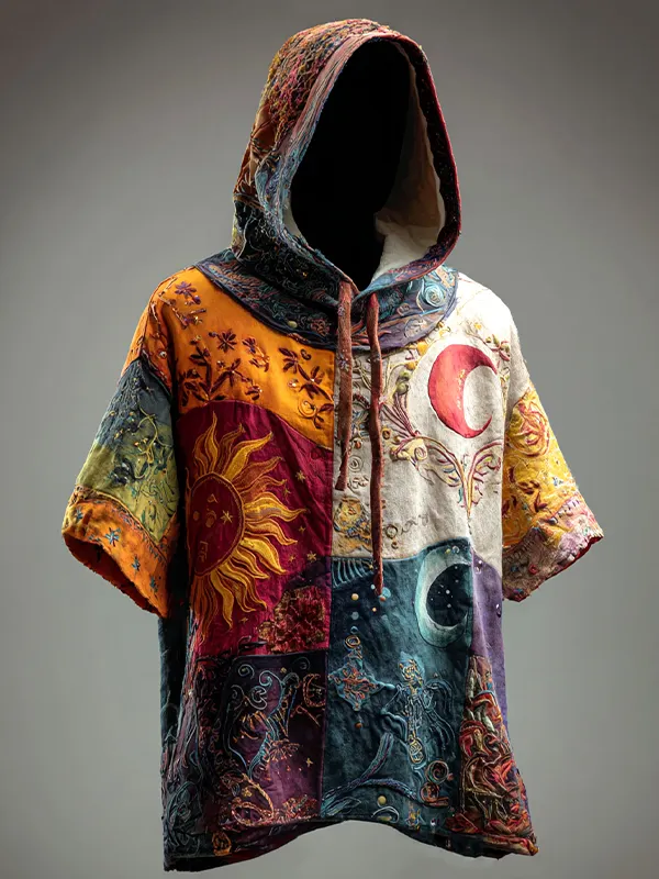 Men's Hippie Art Sun Moon Boho Colorblock Print Casual Hooded T-Shirt