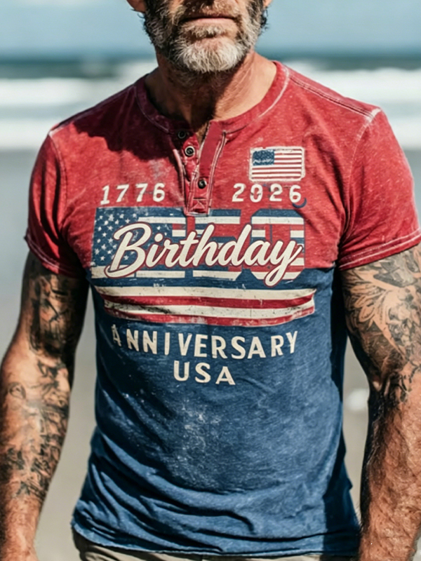 Men's 1776-2026 USA Anniversary Print Colorblock Half Button Henley T-Shirt