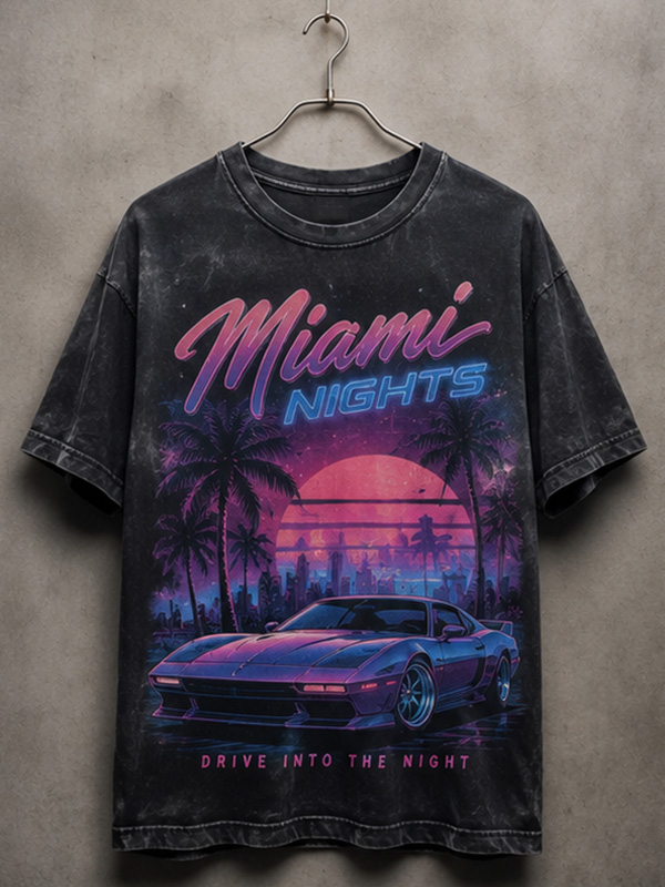 Men's Vintage Wash Miami Nights Retro Car Art Print T-Shirt