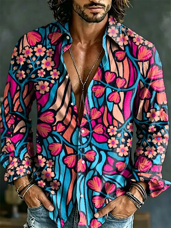Men's Abstract Art Floral All Over Print Long Sleeve Shirt