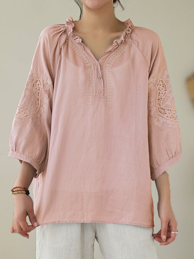 Women'S V-Neck Literary Retro Loose Embroidered Lace Hollow Shirt