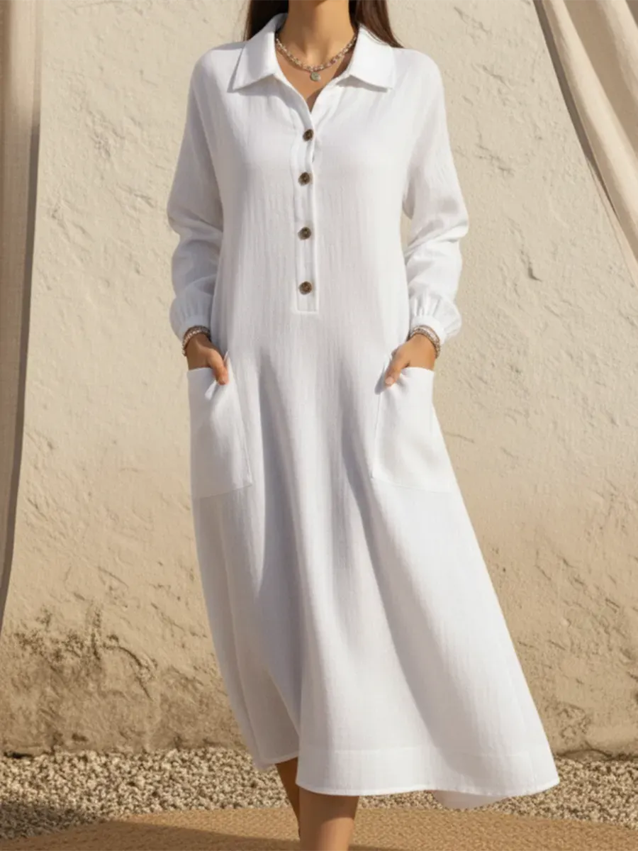 Women's Casual A-line Button Linen Shirt Dress