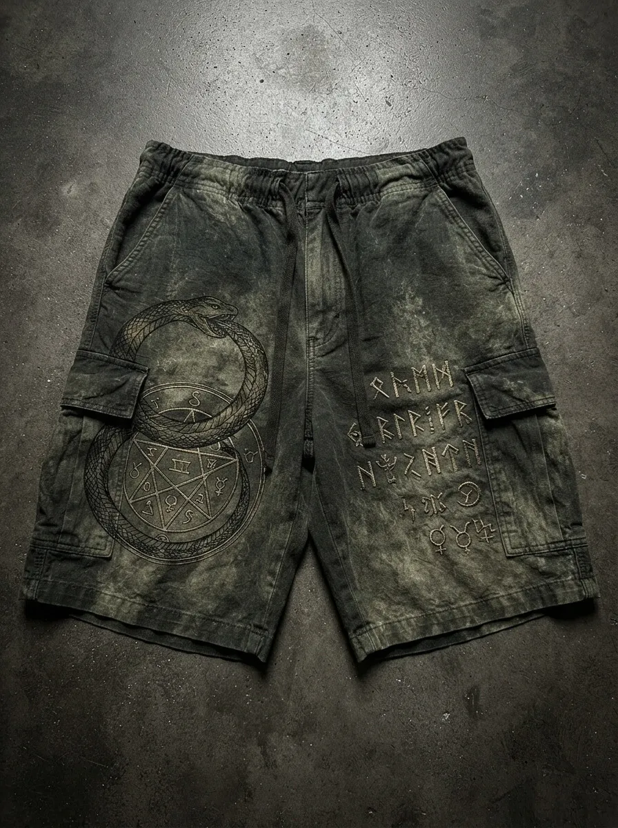 Men's Ouroboros Occult Rune Print Drawstring Waist Shorts