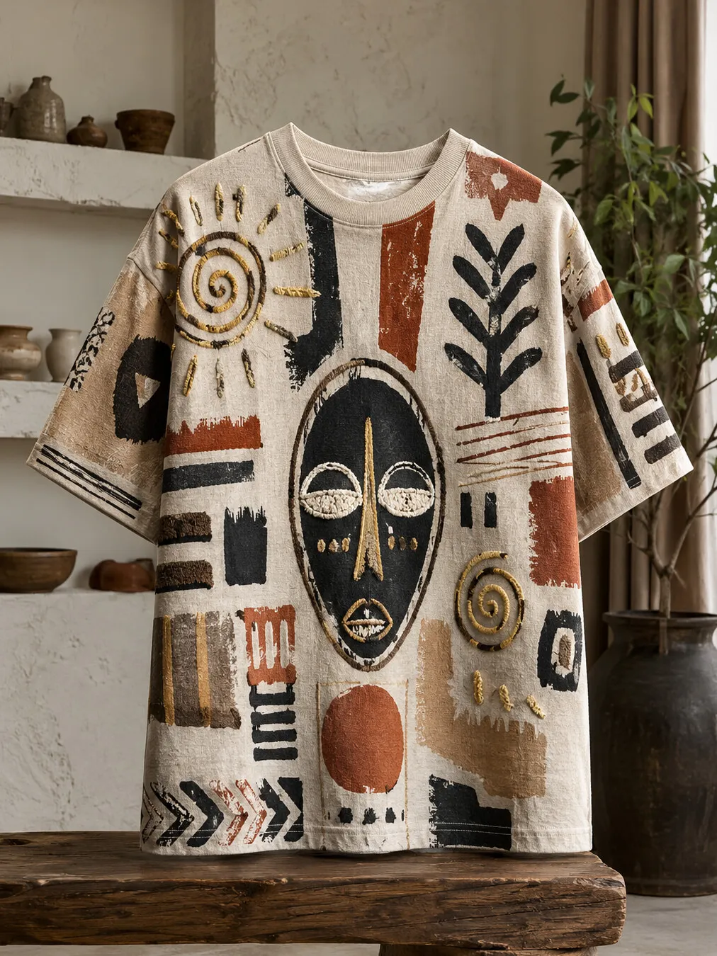 Men's African Tribal Mask Geo Art Print T-Shirt