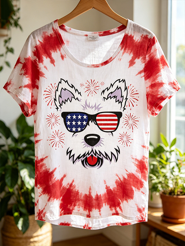 Women's Celebrate Independence Day Dog Firework Tie Dye Print Casual T-Shirt