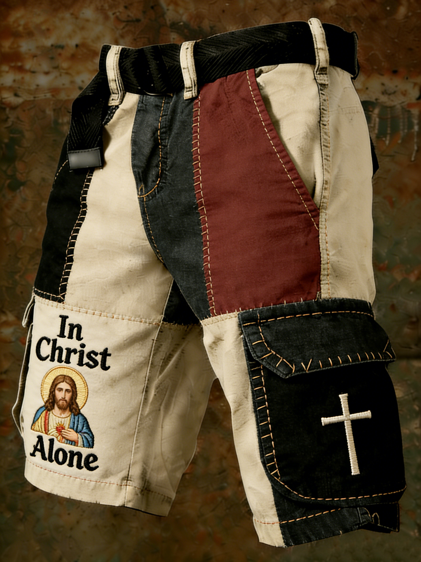 Men's In Christ Alone Christian Jesus Colorblock Art Print Denim-Like Casual Shorts