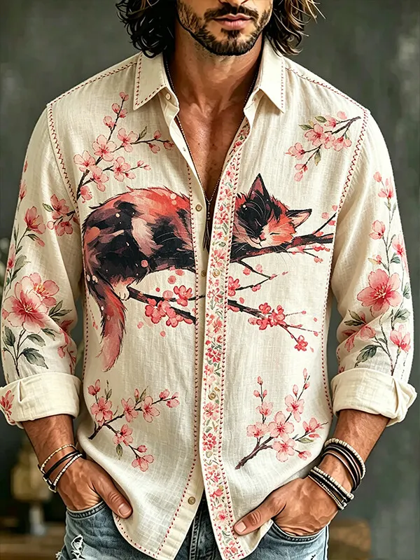 Men's Watercolor Art Floral Cat Print Long Sleeve Shirt