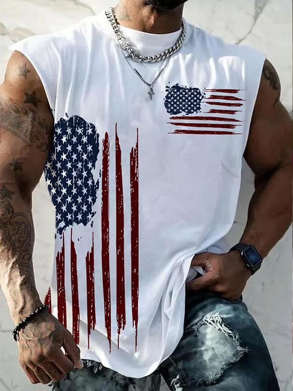 Men's Vintage Distressed American Flag Art Print Tank Top