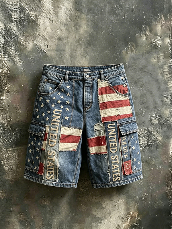 Men's Stars Stripes United States Color Block Patchwork Art Print Casual Shorts