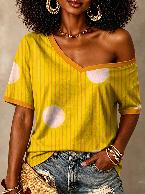 Women's Polka Dot And Stripe Print Casual V Neck T-Shirt