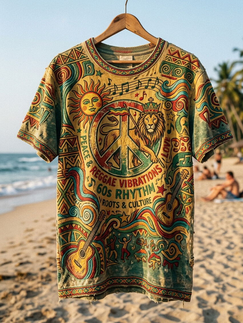 Men's Reggae Lion Peace Sign Guitar Reggae Vibrations Art Print Vacation T-Shirt