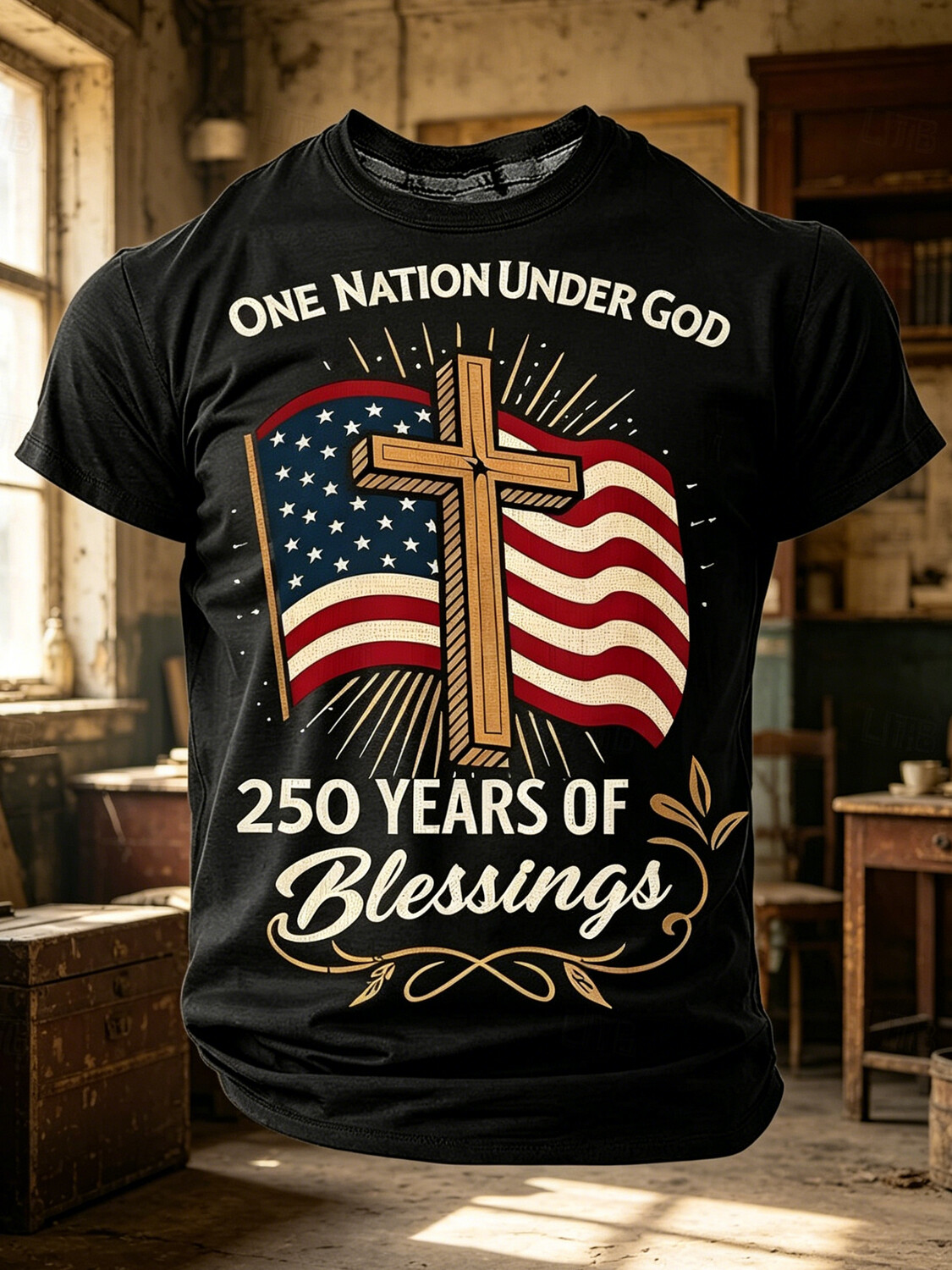Men's Independence Day 250 Years Of Blessings Cross American Flag Print Cotton Casual T-Shirt