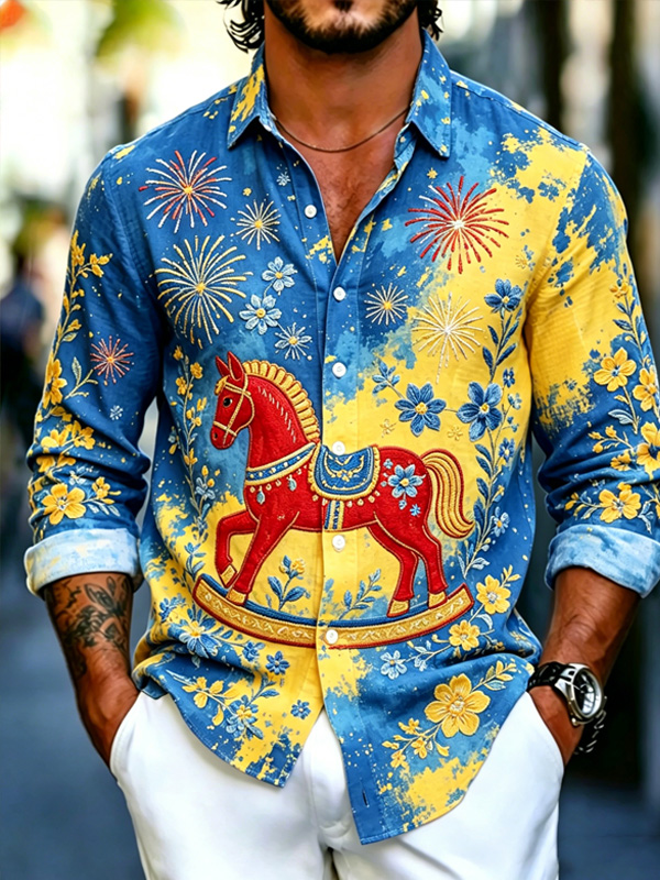 Men's Dreamy Wooden Horse Fireworks Tie Dye Art Print Long Sleeve Shirt