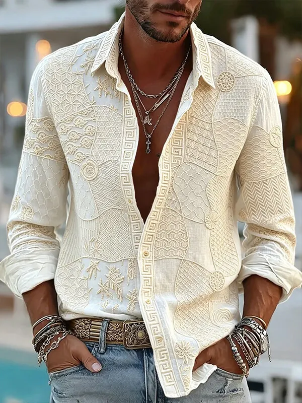 Men's Bohemian Geometric Floral Print Long Sleeve Shirt