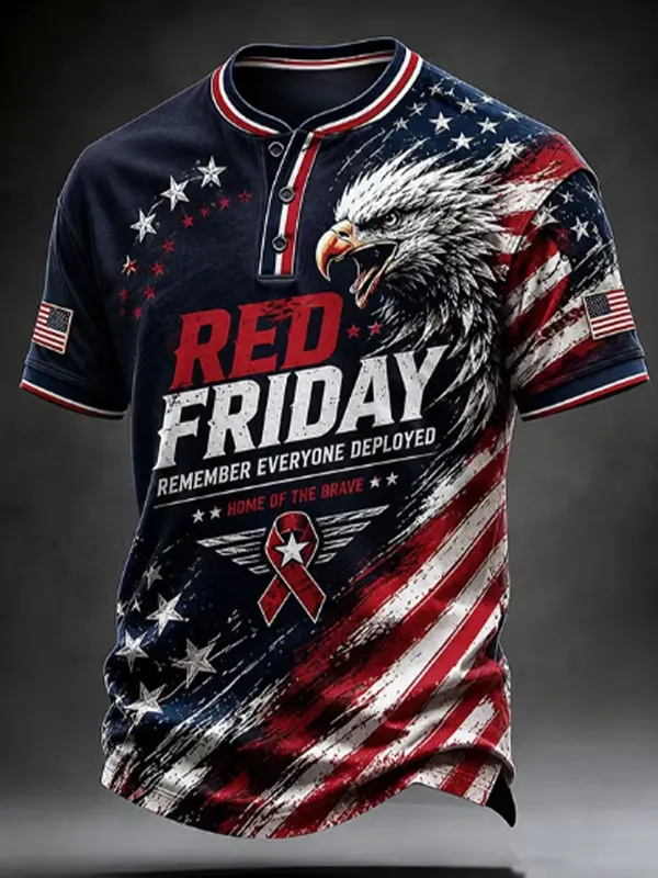 Men's Remember Everyone Deployed Home of the Brave Eagle Print Henley T-Shirt
