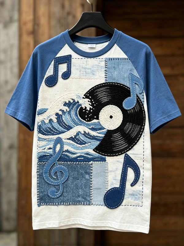 Men's Retro Wave Vinyl Record & Music Note Patchwork Print T-Shirt
