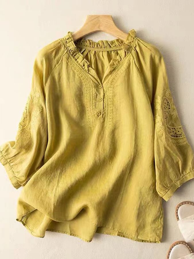 Women'S V-Neck Literary Retro Loose Embroidered Lace Hollow Shirt