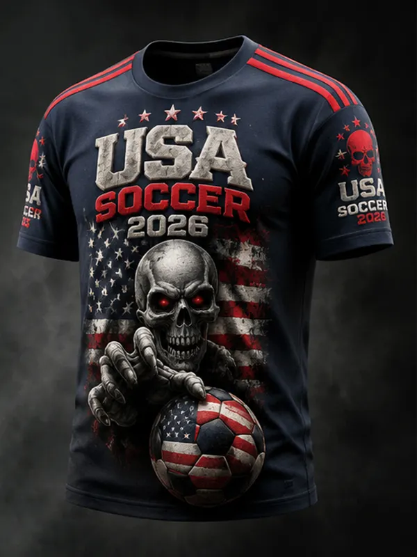 Men's Horror Skeleton USA Soccer Stars and Stripes Print Casual T-Shirt