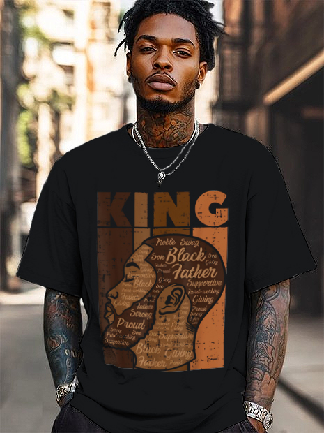 Men's Black King Illustration Print Cotton Casual T-Shirt