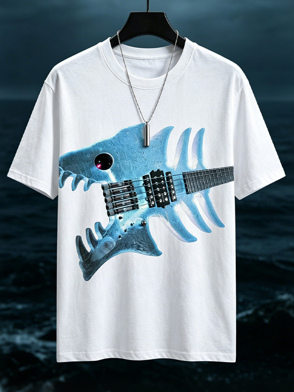 Men's Cool Shark Bone Guitar Print T-Shirt