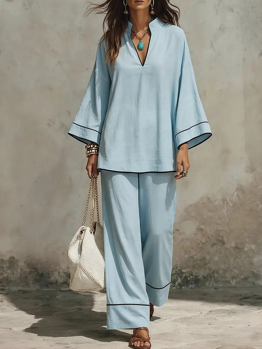 Women's Elegant V-Neck Flared-Sleeve Top and Pants Set