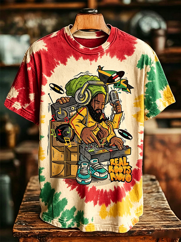 Men's Tie‑Dye Reggae DJ Cartoon Music Print T-Shirt