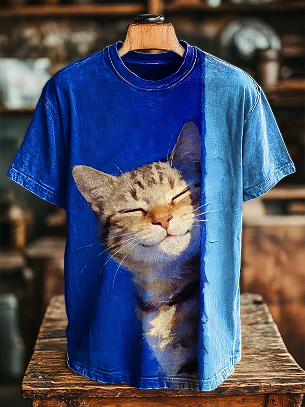 Men's Funny Cat Colorblock Art Print T-Shirt