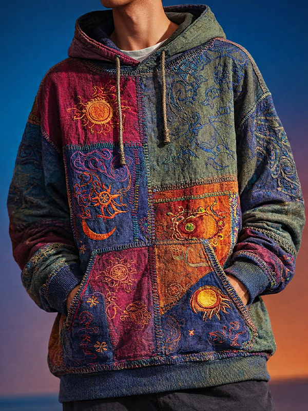 Men's Hippie Sun And Moon Color Block Art Print Pocket Hoodie