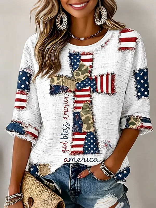 Women's American Flag Camo Patch Cross God Bless America Vintage Art Print Casual T-Shirt